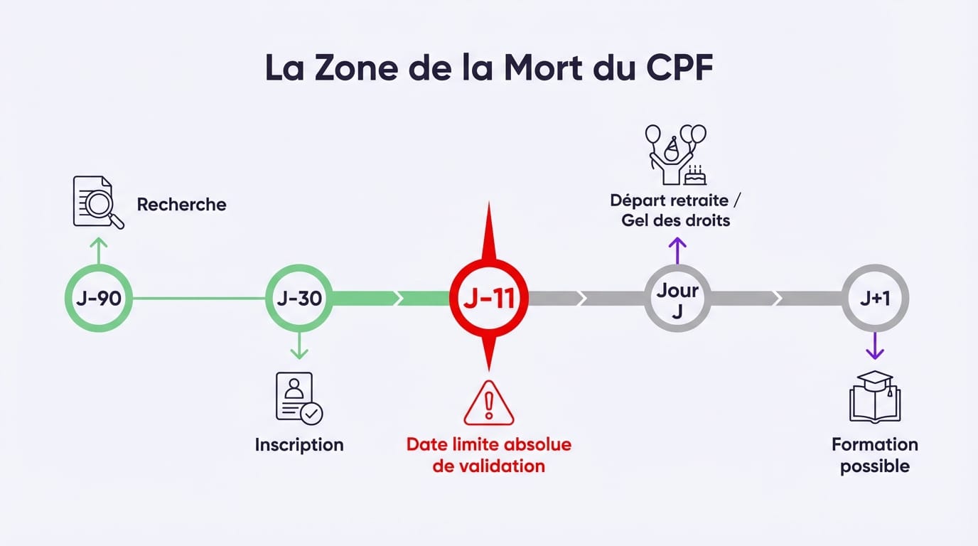 Frise chronologique montrant les délais critiques pour utiliser son CPF avant le départ à la retraite et la règle des 11 jours.