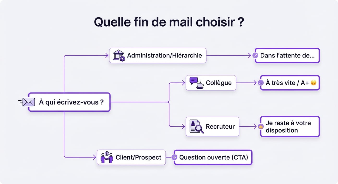Arbre de décision pour choisir la formule de politesse adaptée selon le destinataire du mail.