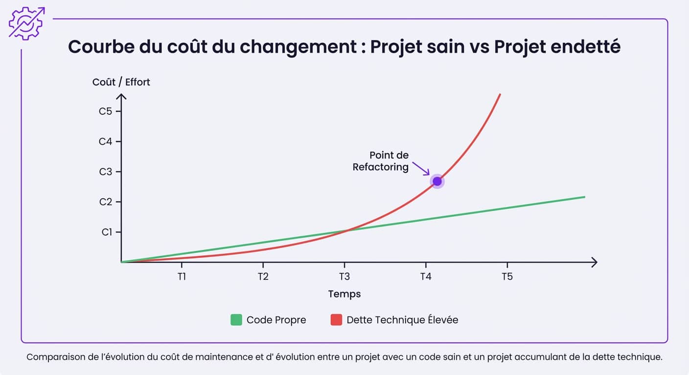 Graphique montrant l'explosion exponentielle du coût de modification du code dans un projet avec une forte dette technique comparé à un code sain.