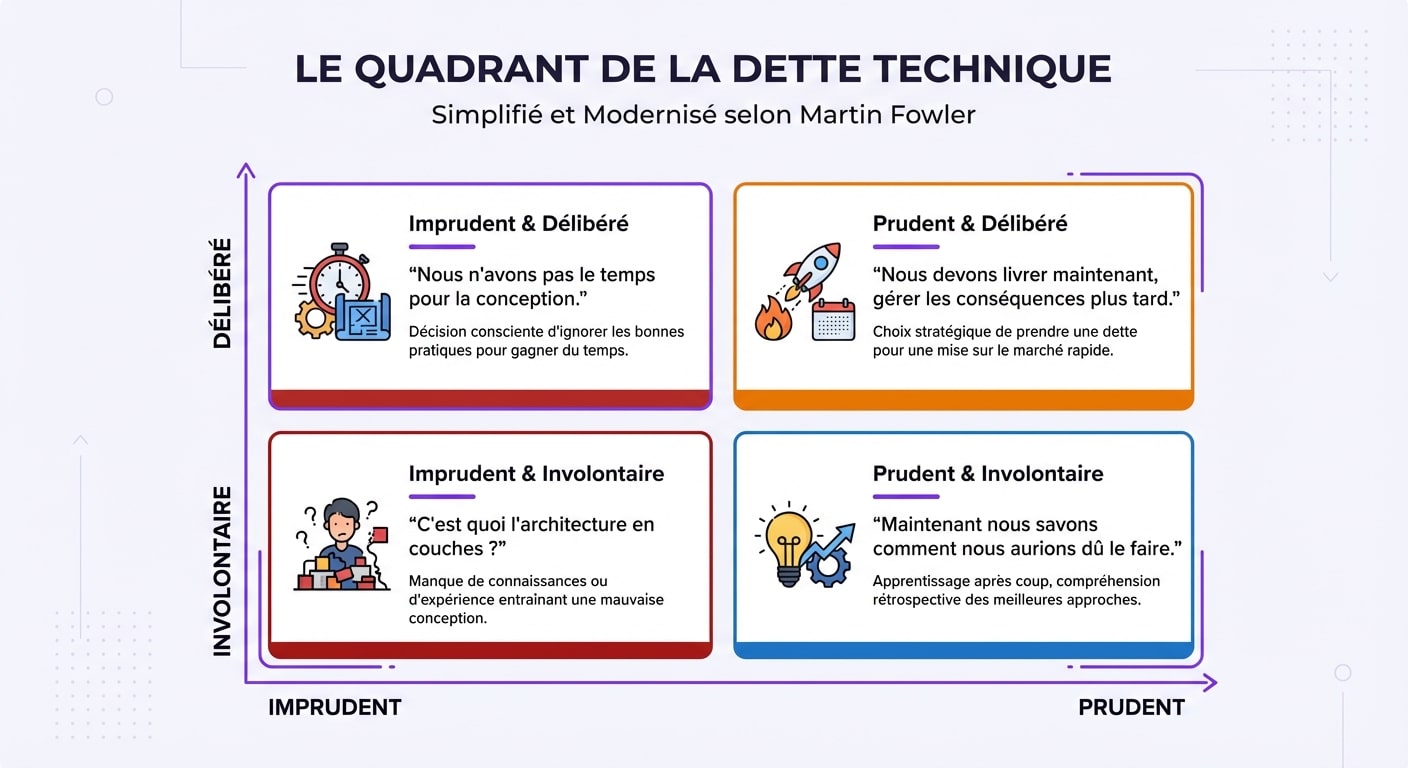 Matrice du Quadrant de la dette technique de Martin Fowler classant la dette en 4 types : Prudente, Imprudente, Délibérée, Involontaire.