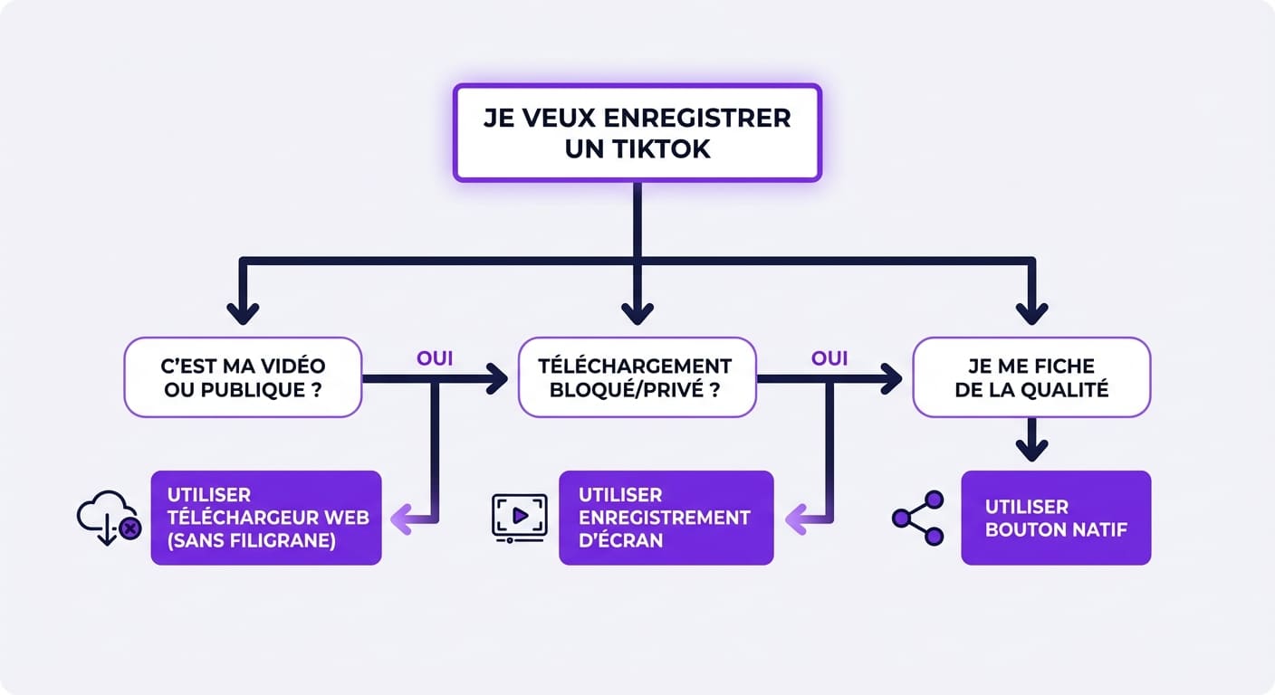 Schéma décisionnel pour choisir entre téléchargement direct, outils web ou enregistrement d'écran TikTok.