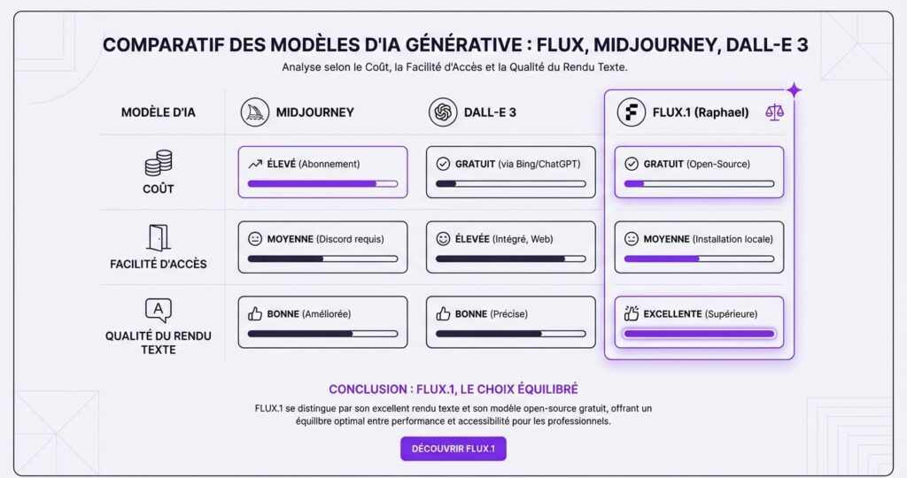 Infographie comparant les générateurs d'images IA : Midjourney vs DALL-E 3 vs FLUX.1 sur le coût et la qualité.