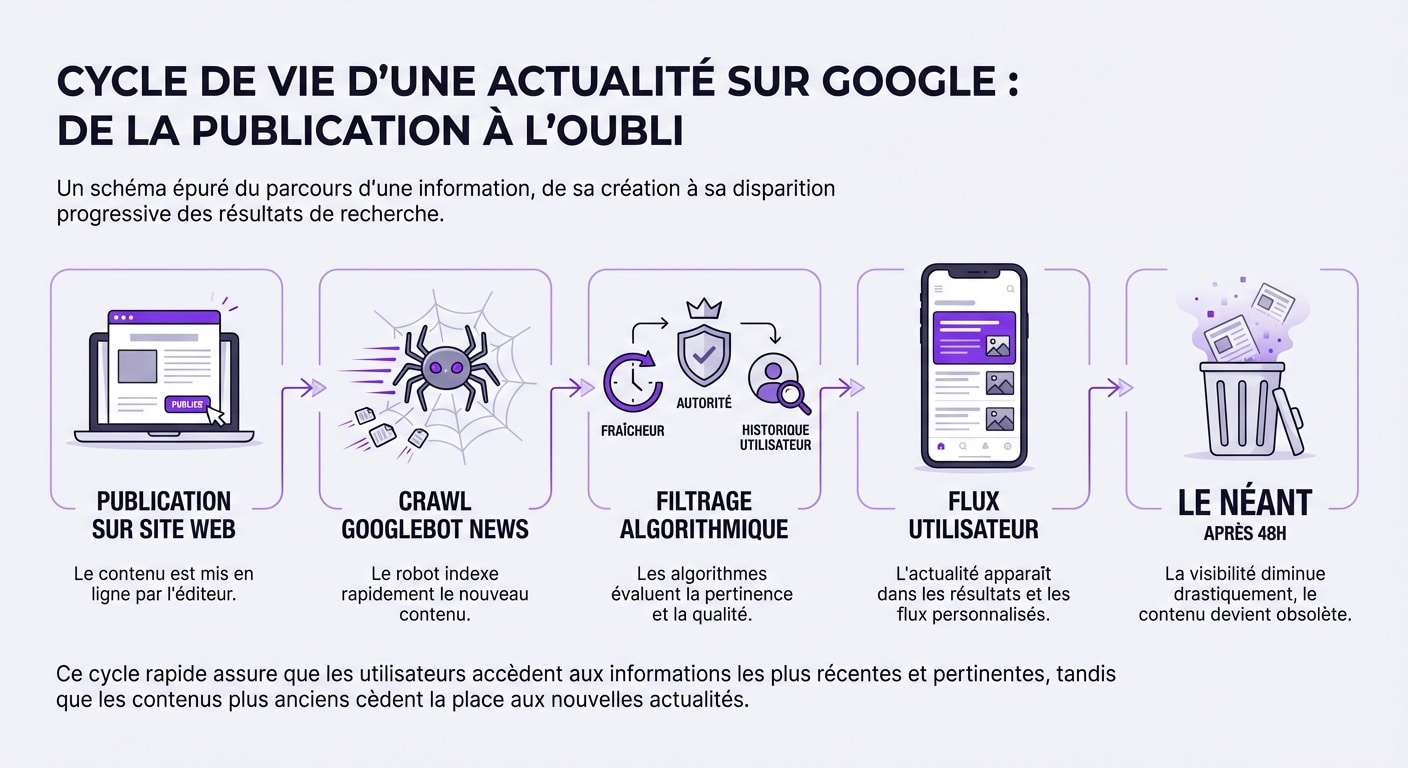 Schéma explicatif du fonctionnement algorithmique de Google Actualités pour le classement des articles.