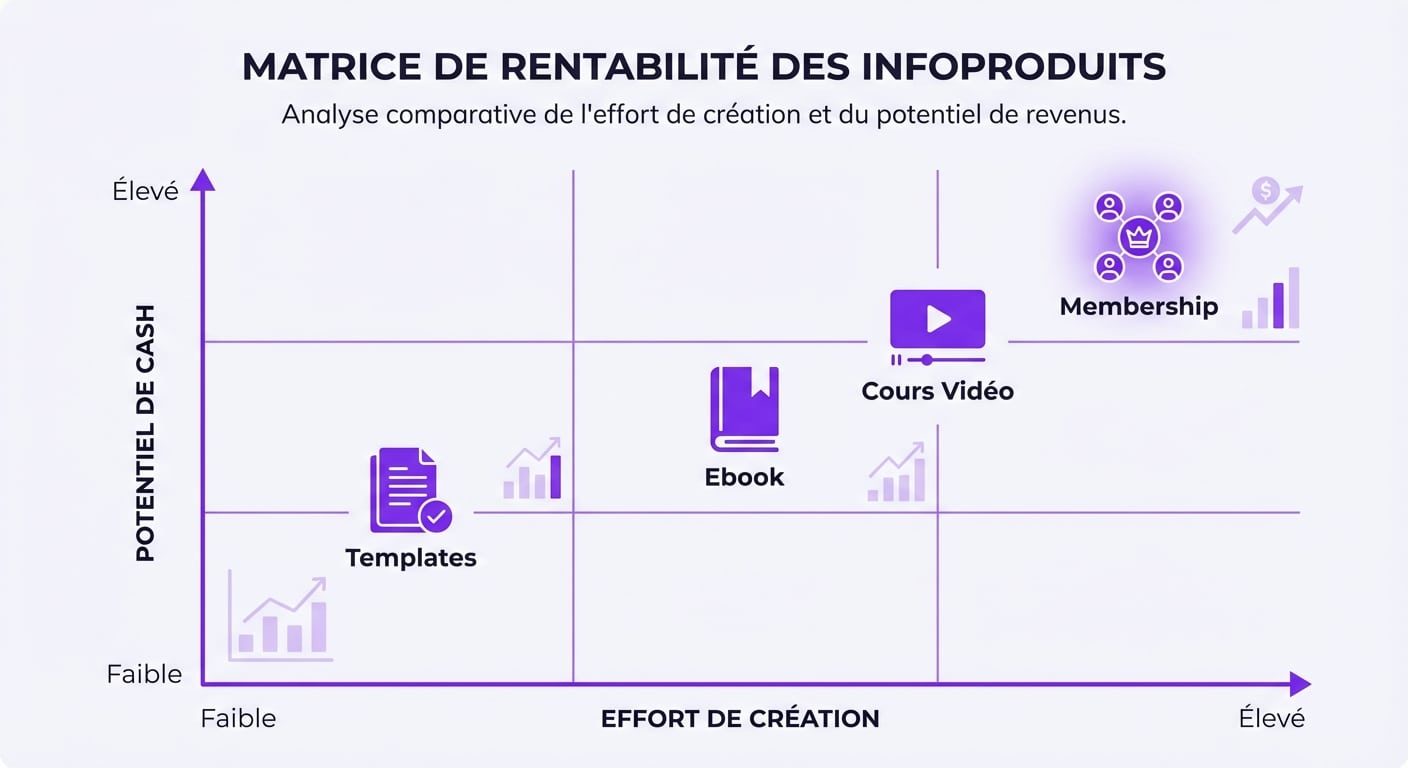 Matrice comparant l'effort de création et le potentiel de revenus des différents types d'infoproduits.