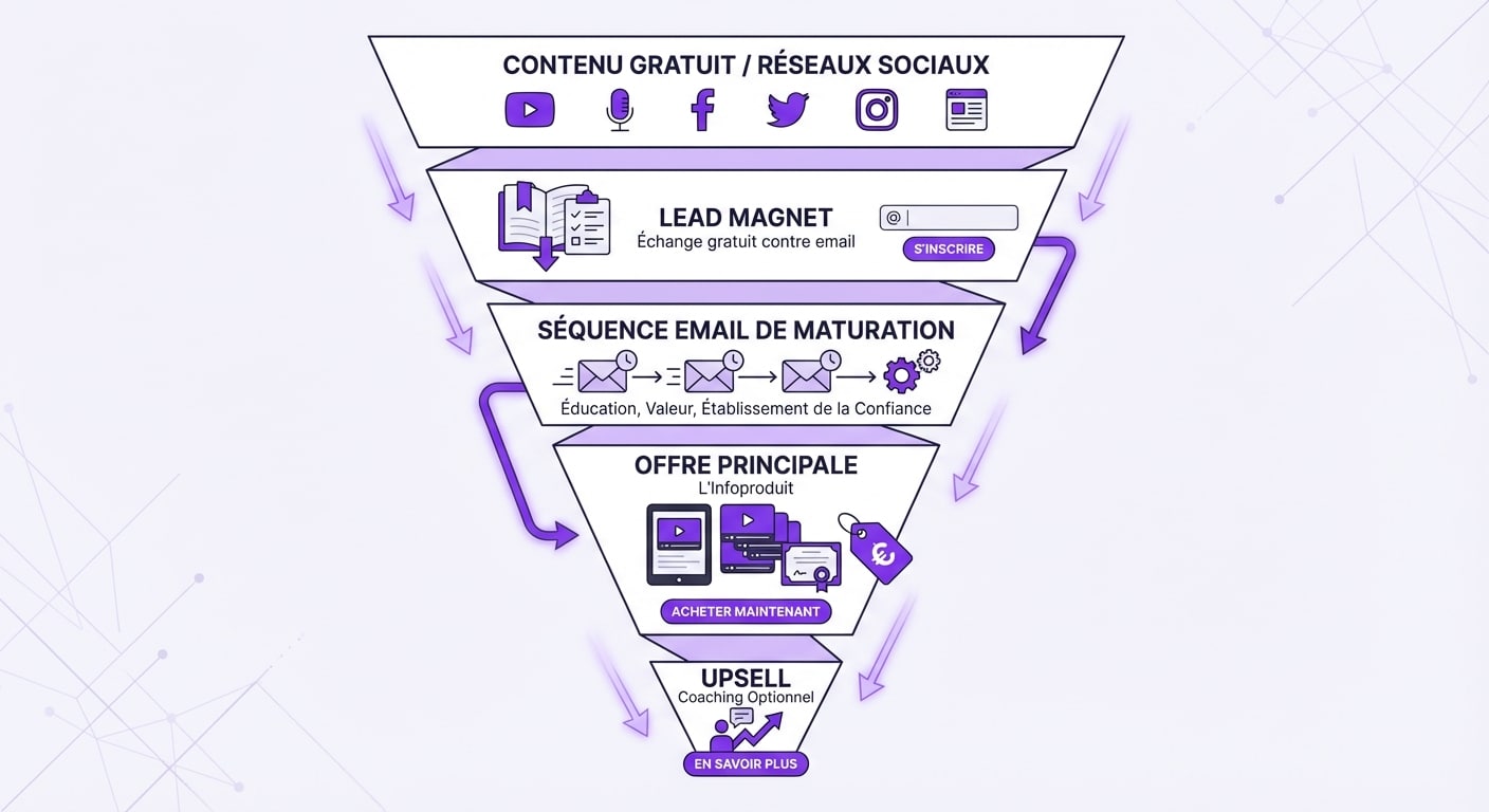 Schéma d'un tunnel de vente classique pour vendre un infoproduit en automatique.