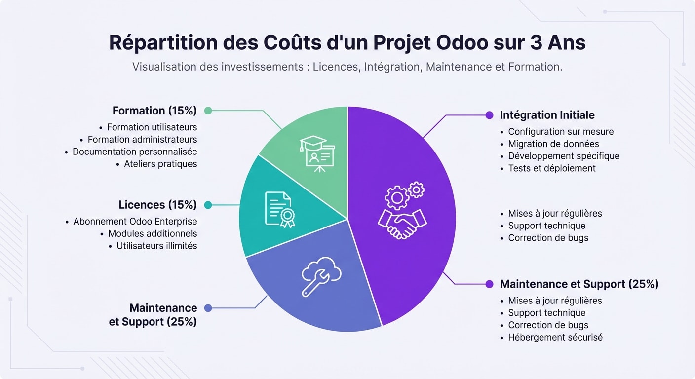 Graphique répartition coûts projet Odoo sur 3 ans : licences, intégration, maintenance