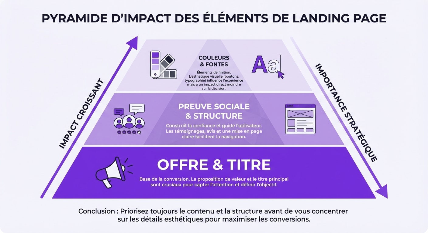 Infographie hiérarchisant les éléments à tester sur une landing page selon leur impact sur la conversion