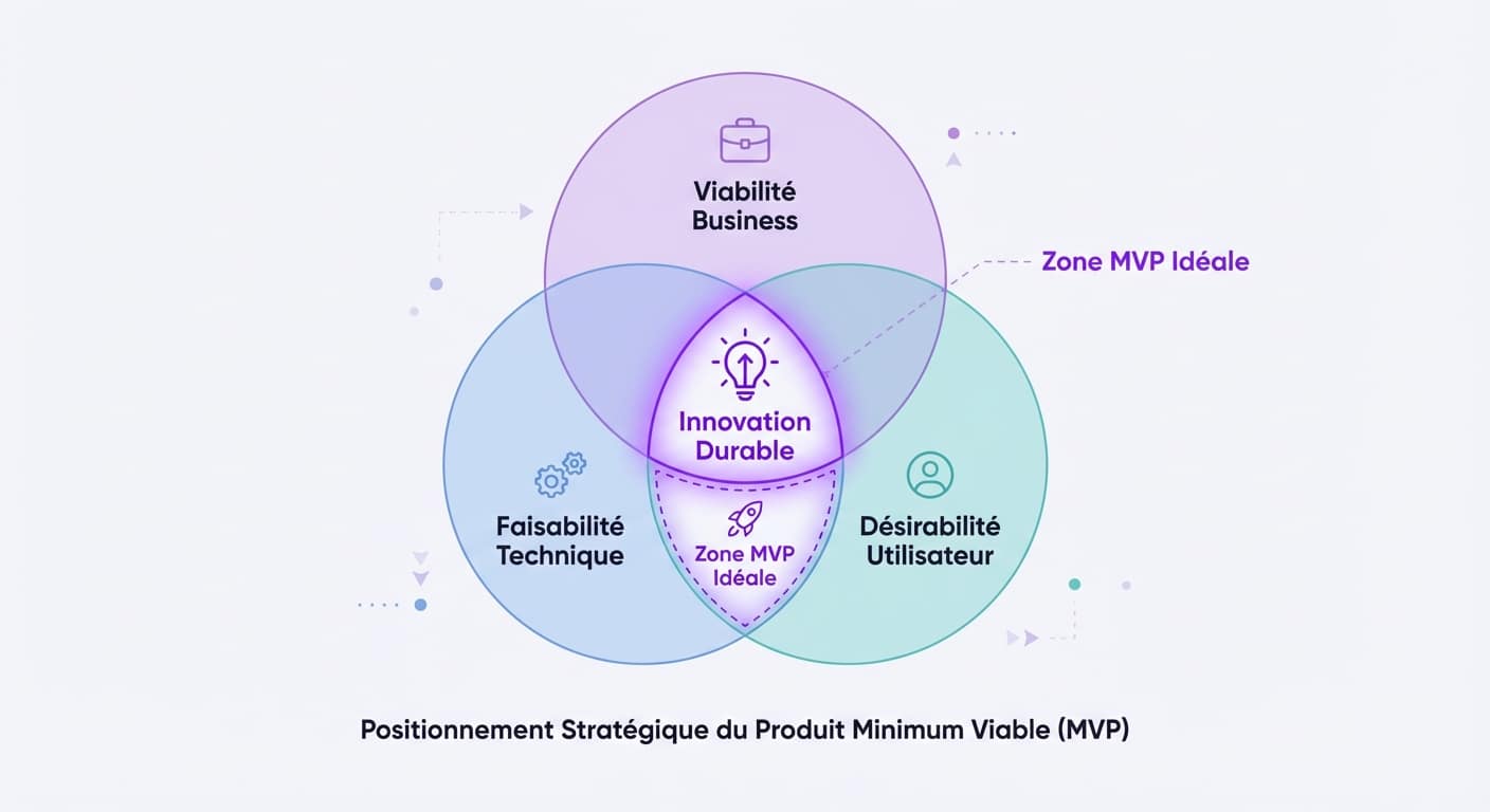 Diagramme positionnant le MVP à l'intersection du Business, de la Tech et de l'UX