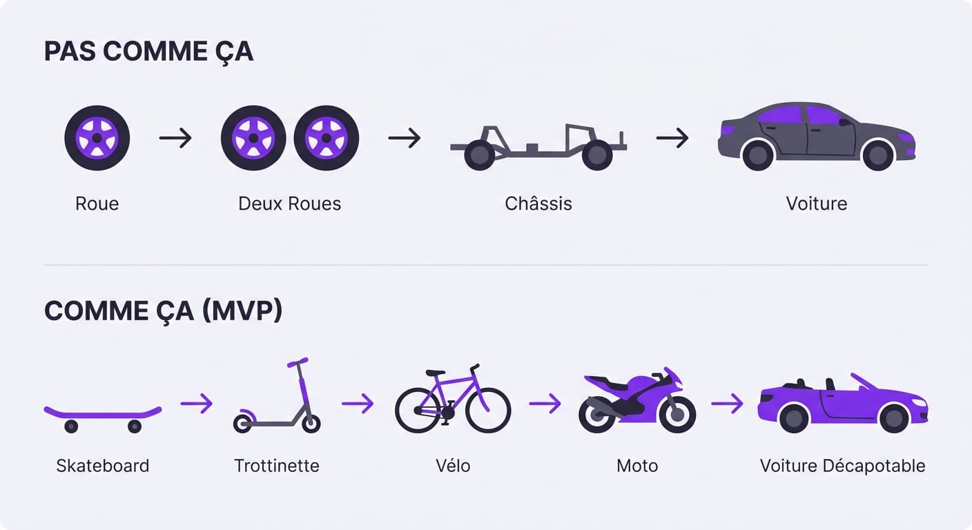Schéma illustrant la différence entre développement traditionnel et développement itératif MVP (Skateboard vers Voiture)