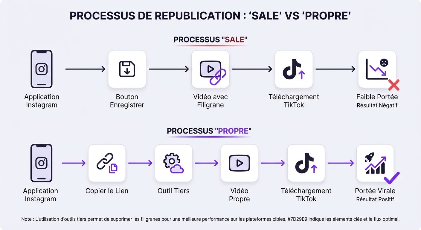 Schéma comparatif entre la méthode de partage native Instagram et la méthode optimisée pour TikTok sans watermark.