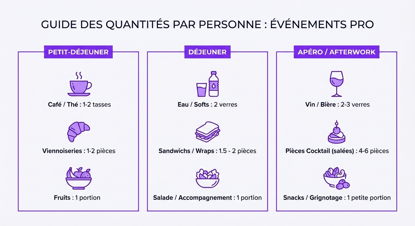 Infographie aide-mémoire pour calculer les quantités de nourriture et boissons par personne pour un pot de départ.