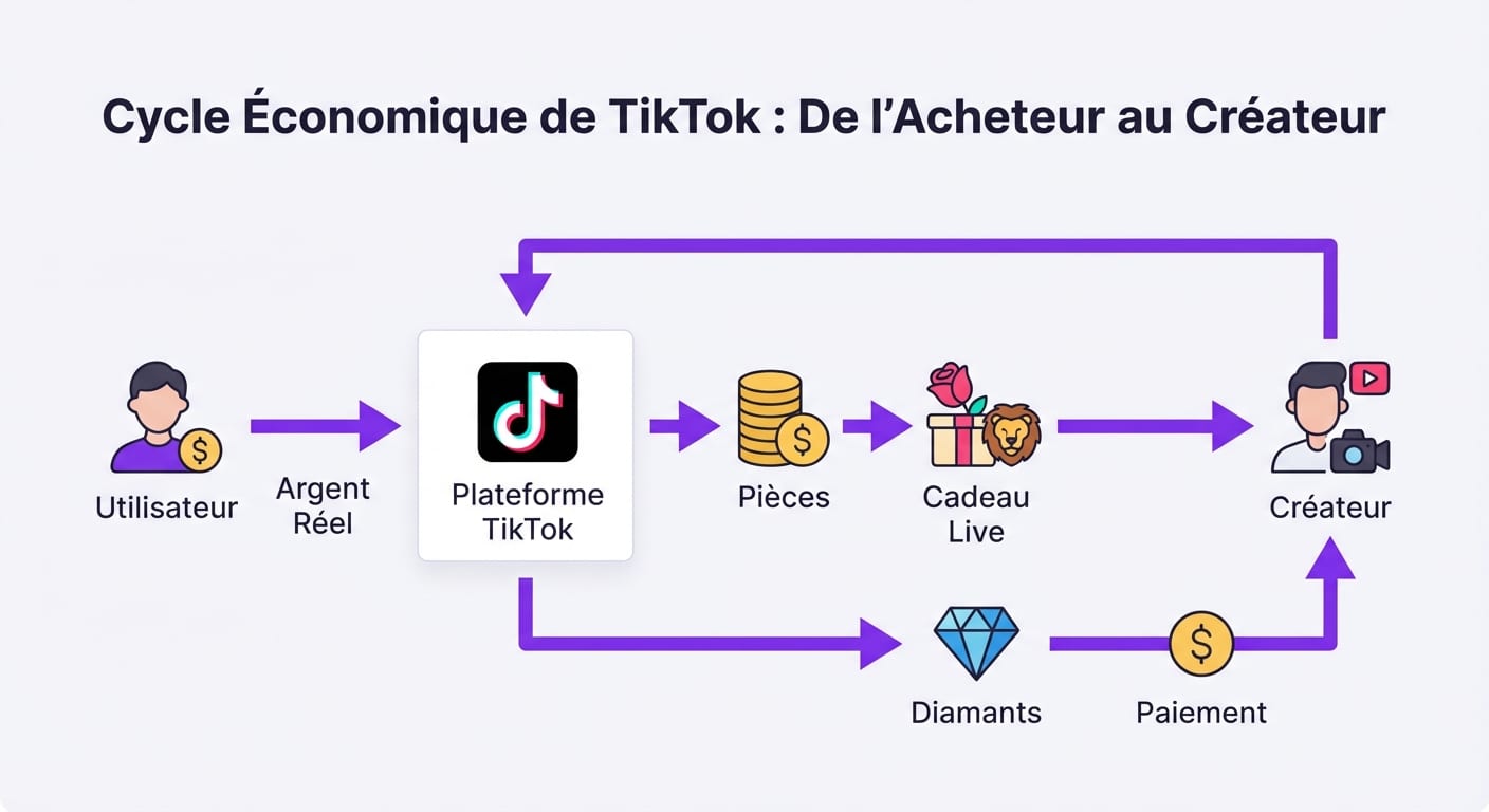 Schéma expliquant la conversion argent réel vers pièces tiktok puis cadeaux et diamants pour les créateurs.