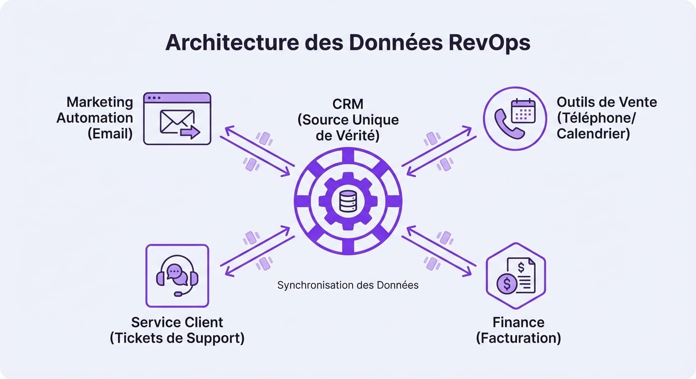 Architecture technique RevOps montrant le CRM comme source unique de vérité connectée aux outils marketing et support