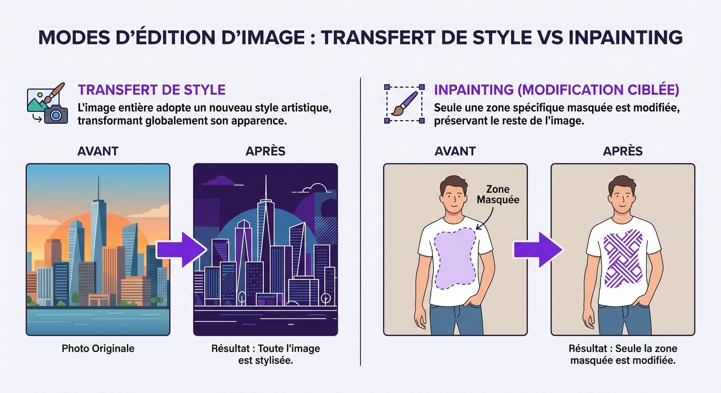 Infographie différence entre transfert de style global et inpainting local sur ChatGPT