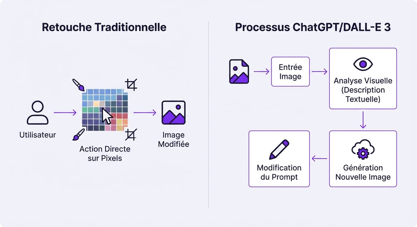 Schéma comparatif fonctionnement retouche photo classique vs génération IA DALL-E 3