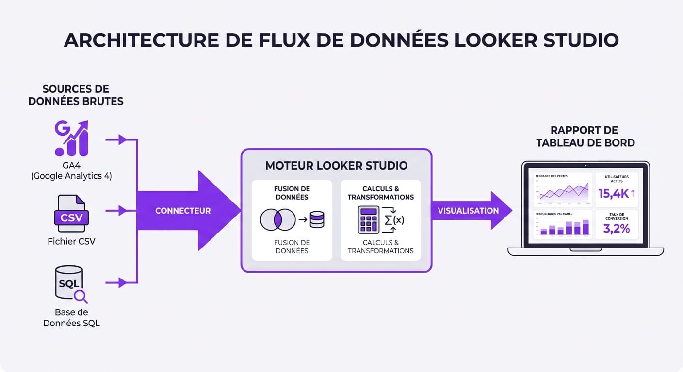 Schéma de fonctionnement Looker Studio : de la source de données au rapport final via les connecteurs.
