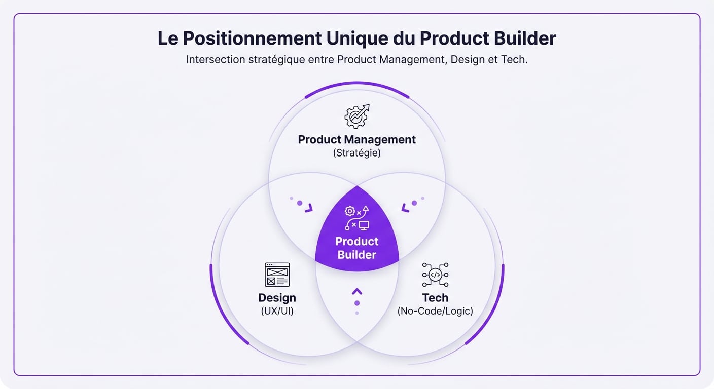 Schéma montrant les compétences du Product Builder au croisement du Produit, du Design et de la Tech.