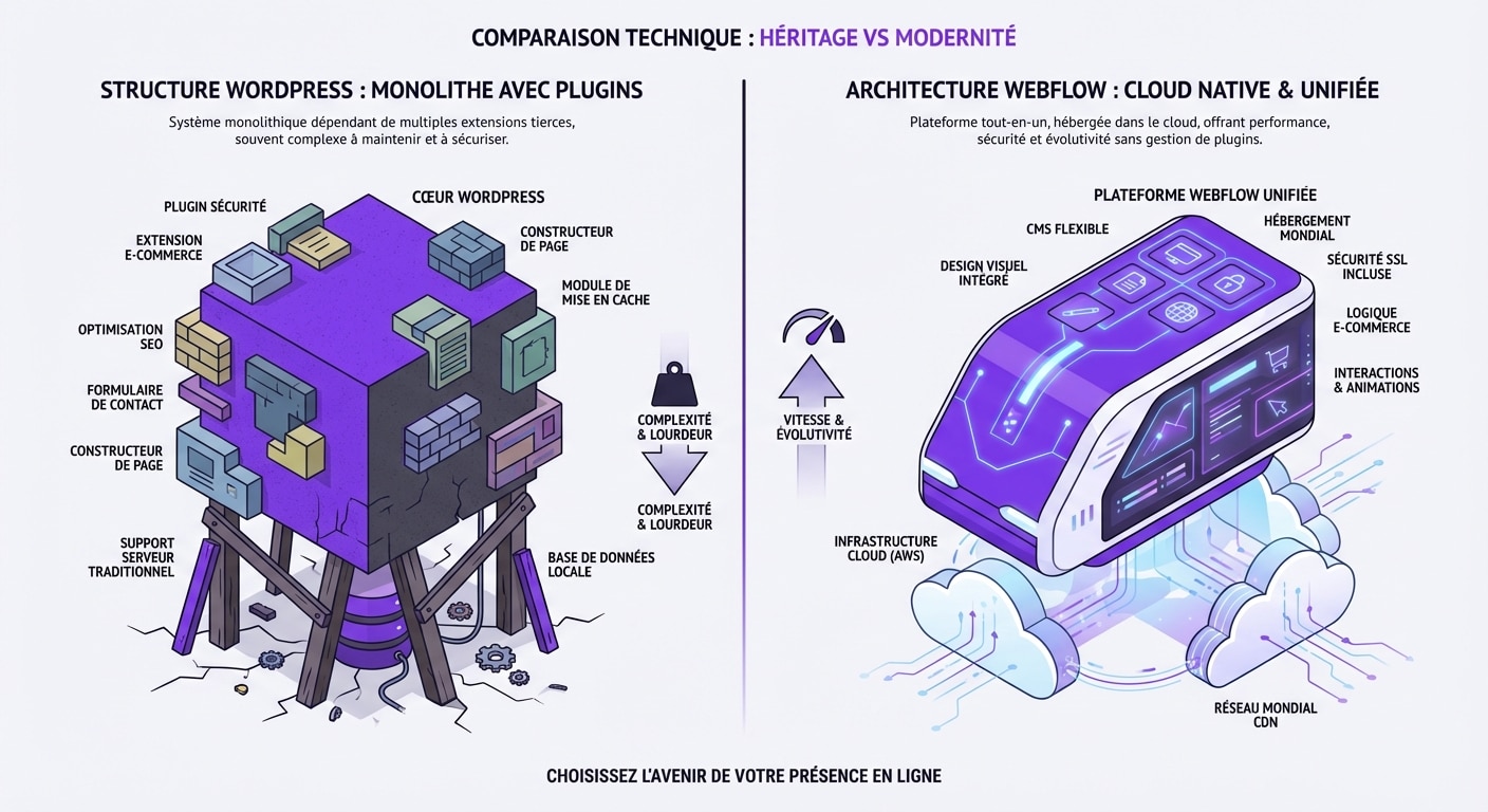 Illustration comparant l'architecture lourde à plugins de WordPress face à la structure cloud unifiée et légère de Webflow.
