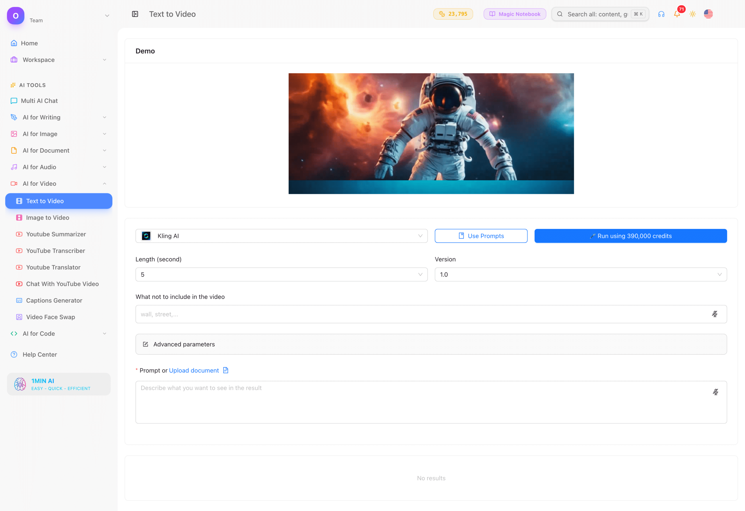 Interface Text to Video 1minAI avec image d'astronaute en exemple