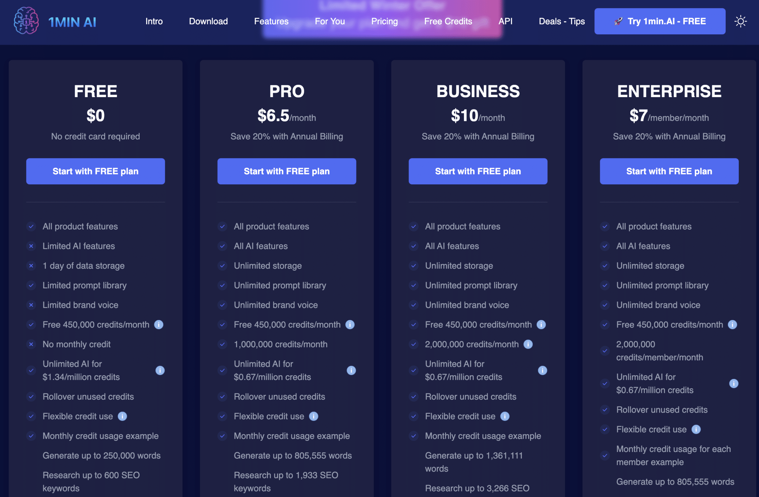 Page de tarifs de 1minAI avec les plans Free Pro Business Enterprise