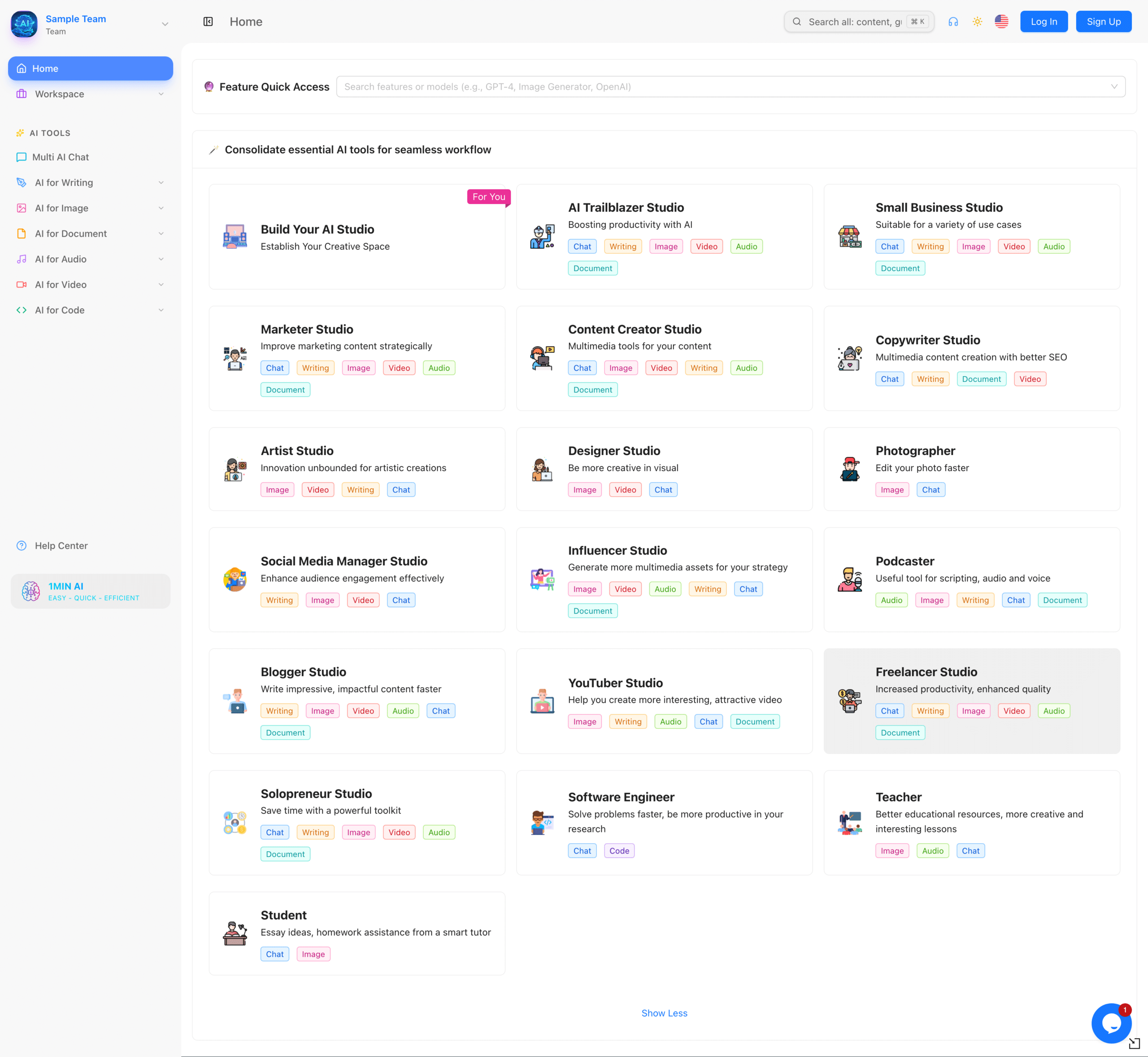 Dashboard de 1minAI avis montrant plusieurs studios AI pour divers besoins