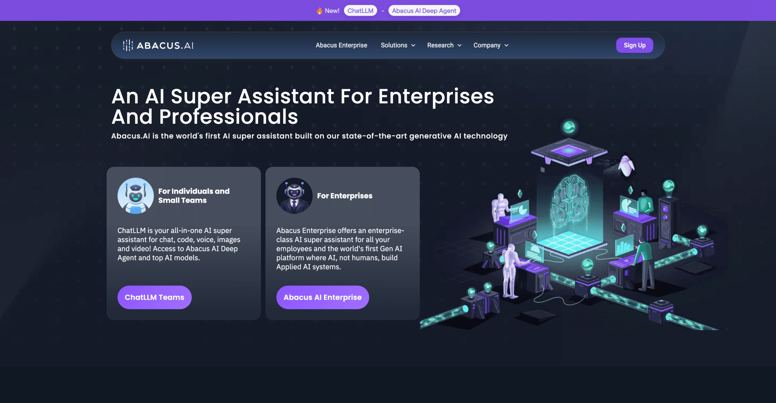 Page d'accueil d'Abacus.AI présentant l'IA pour les entreprises et les professionnels