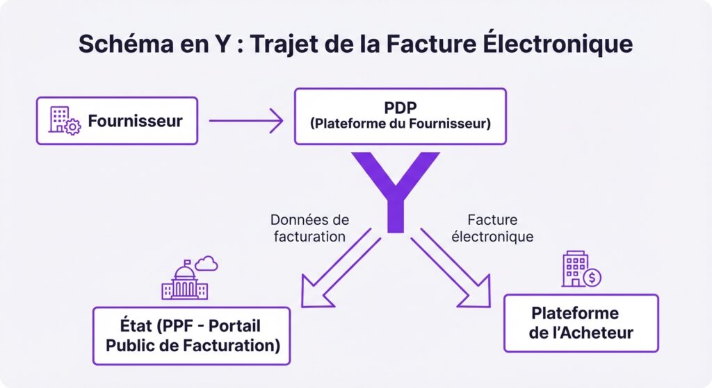 Schéma en Y expliquant le fonctionnement du circuit de la facture électronique entre PDP, PPF et entreprises