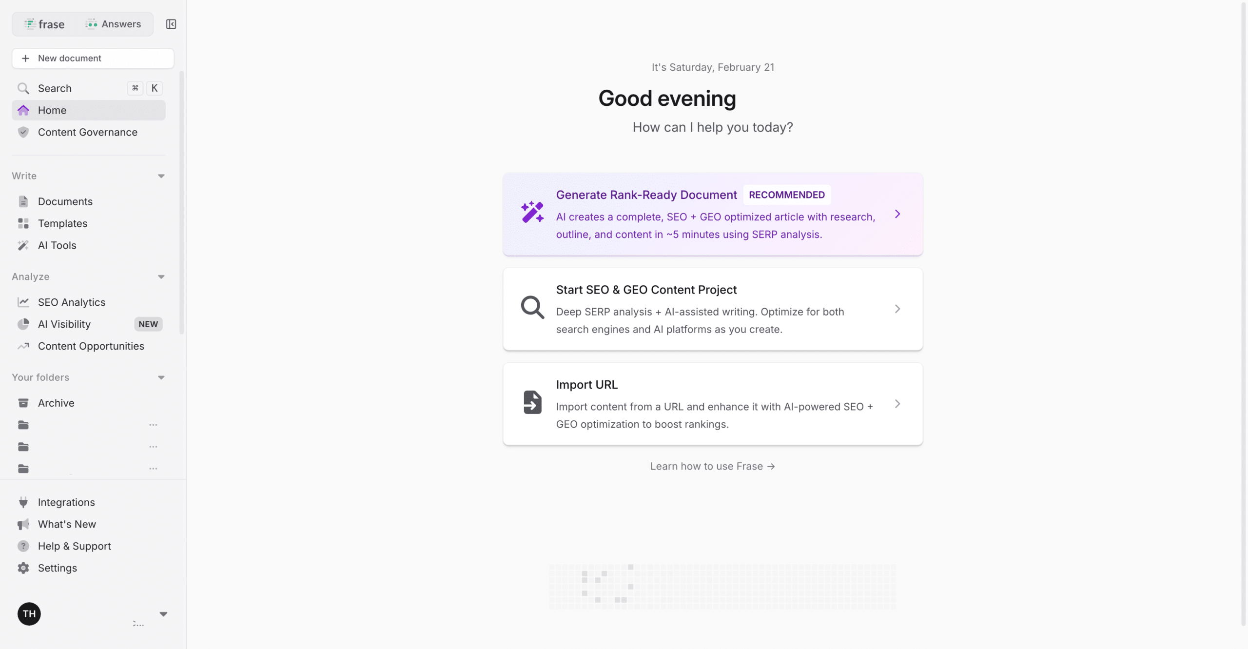 Dashboard de Frase montrant l'écran d'accueil avec des suggestions d'actions