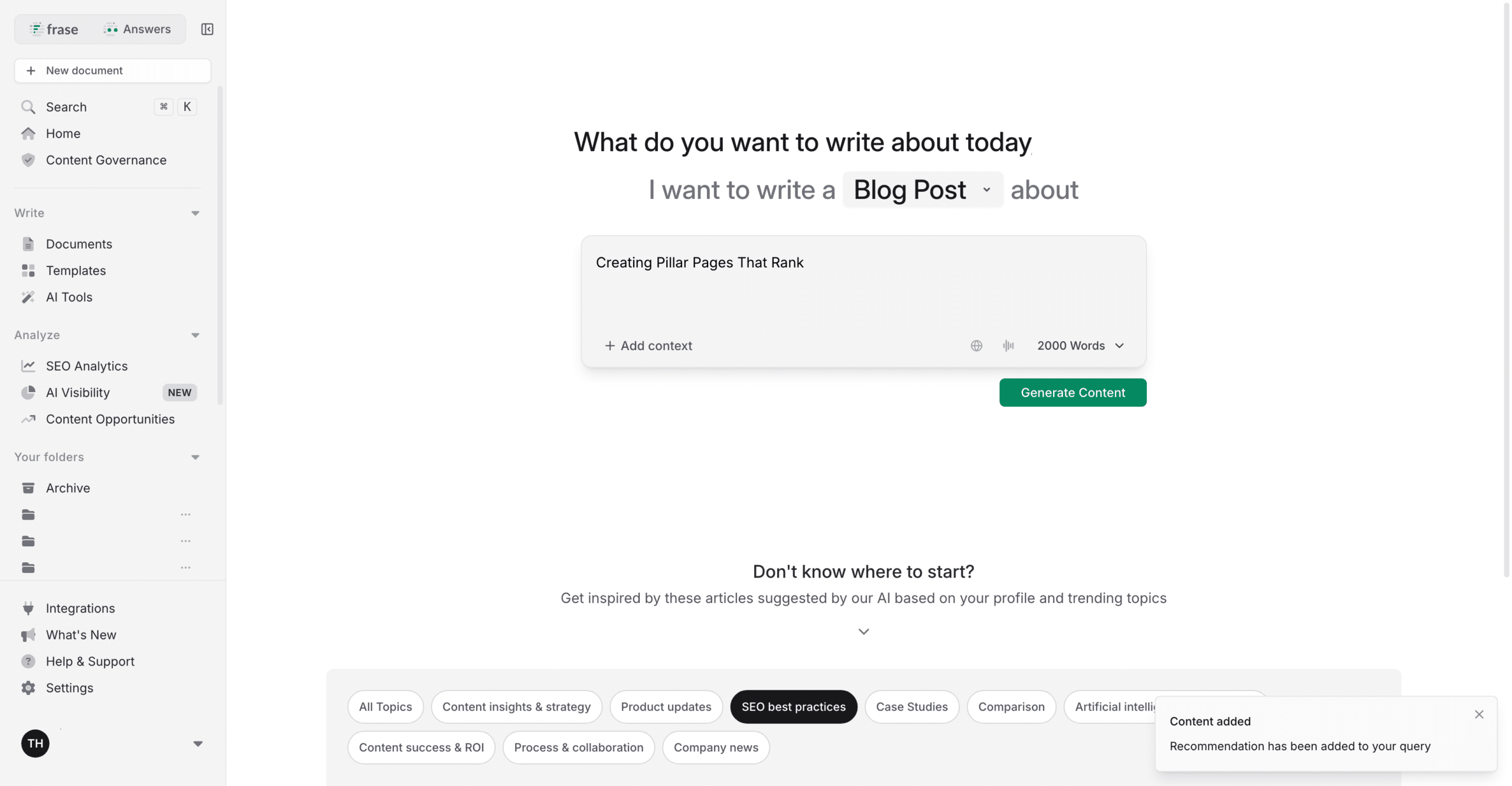 Dashboard de Frase montrant l'interface de création de contenu de blog