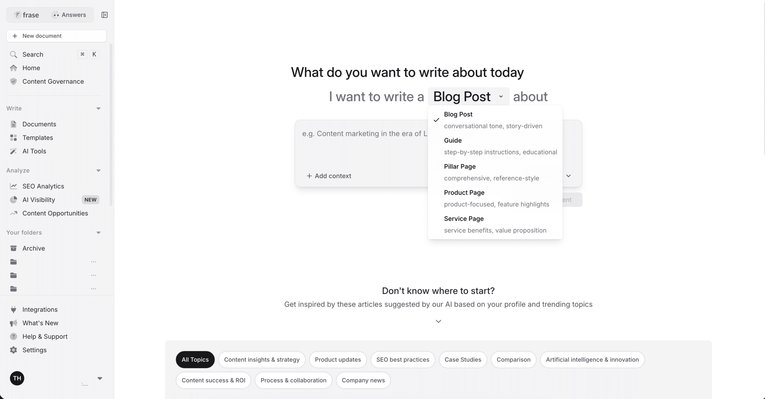 Page de création Frase montrant sélection du type de contenu souhaité