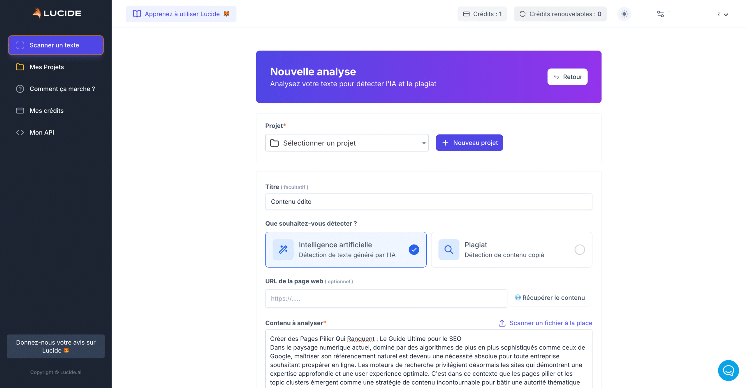 Formulaire Nouvelle Analyse dans Lucide ai avec options de détection
