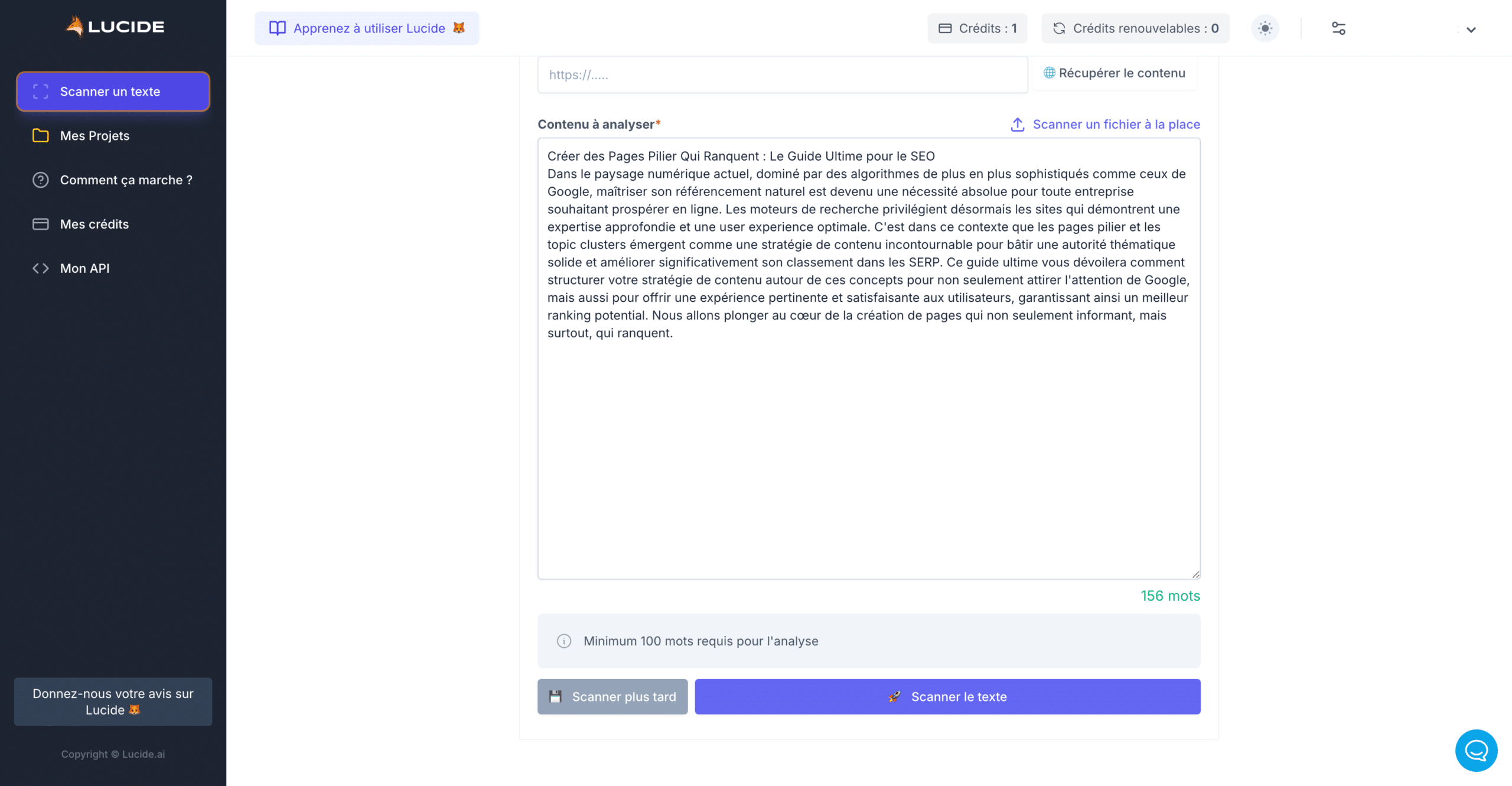 Interface Scanner un texte de Lucide affichant un texte à analyser