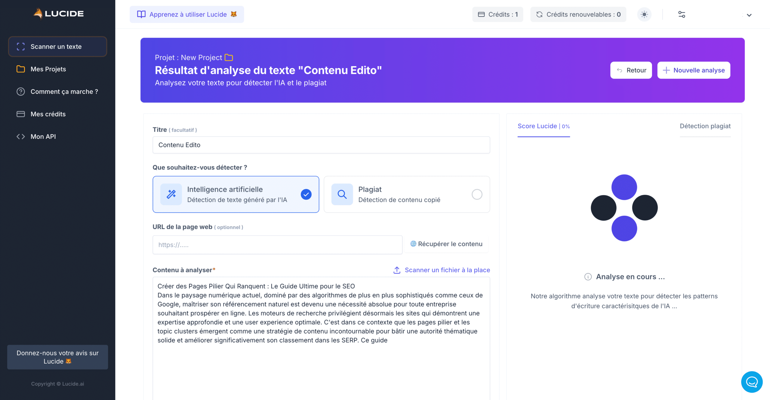 Dashboard de Lucide AI montrant l'analyse d'un texte en cours