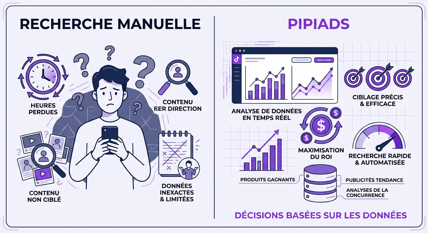 Infographie comparant la recherche manuelle de publicités TikTok versus l'utilisation de l'outil Pipiads.