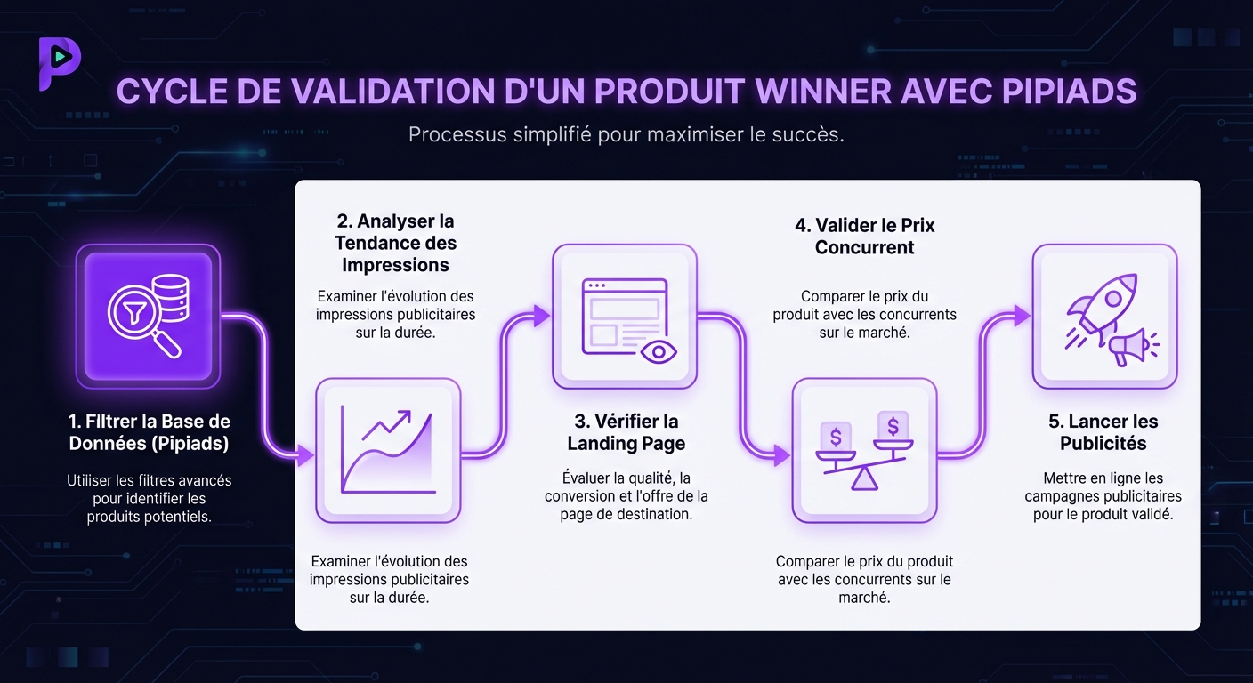 Schéma du processus de validation d'un produit winner en dropshipping via Pipiads.