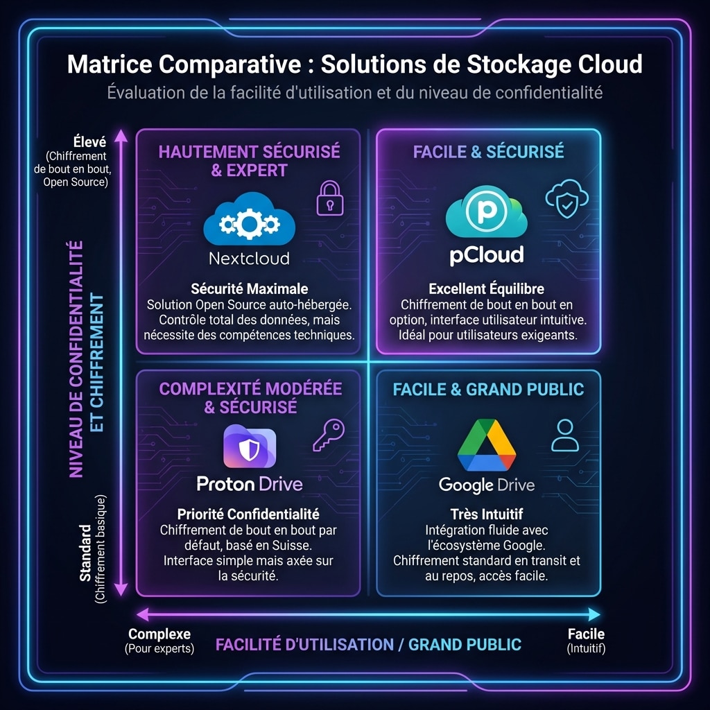 Matrice comparant les offres de stockage cloud selon la facilité d'utilisation et le niveau de vie privée.
