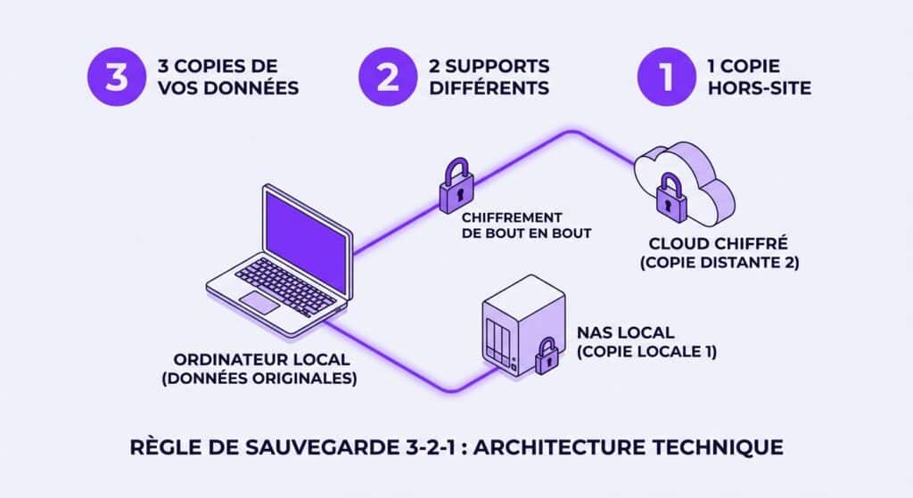 Schéma technique de la stratégie de sauvegarde 3-2-1 incluant un NAS et un stockage cloud.