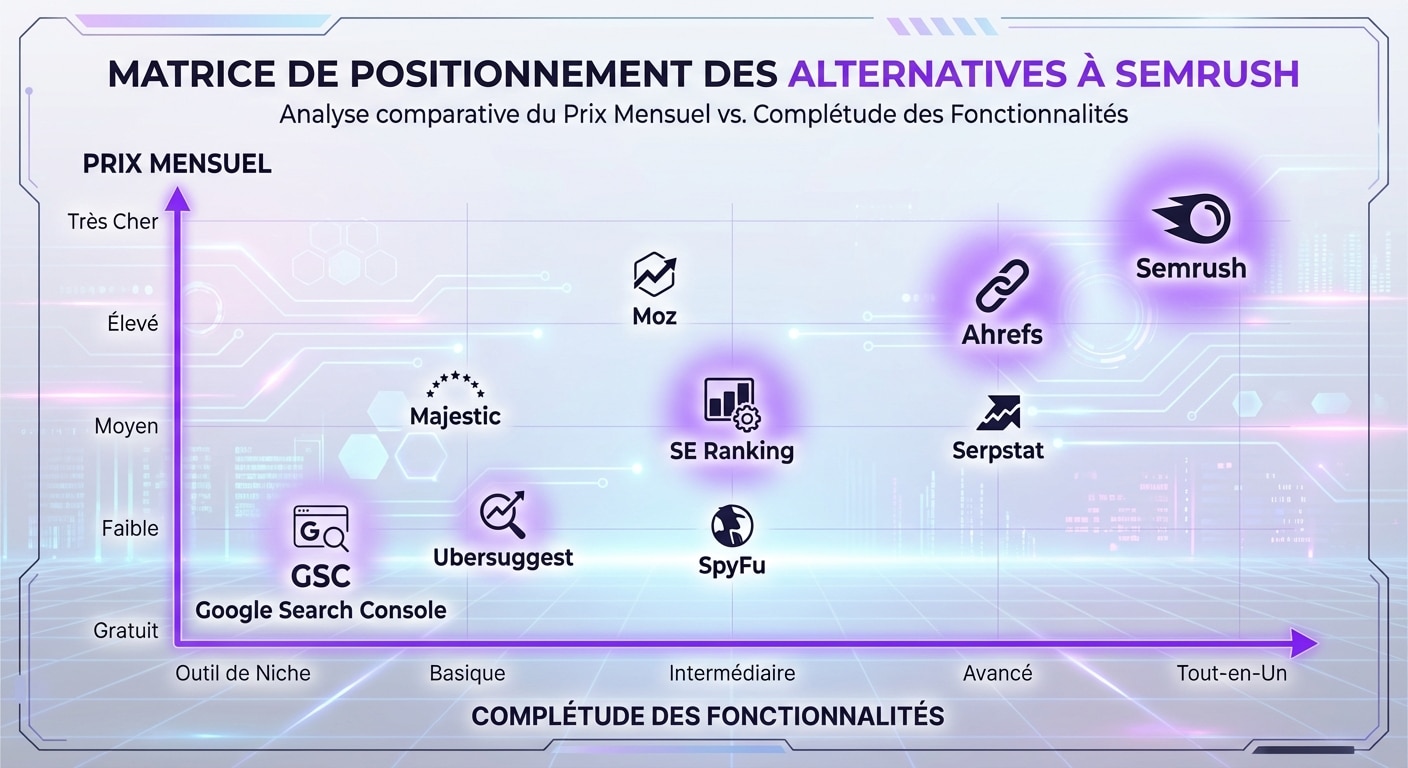 Matrice de comparaison des alternatives à Semrush par prix et fonctionnalités SEO