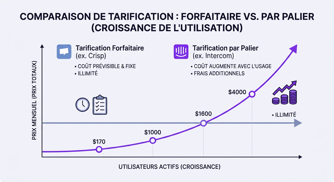 Graphique comparatif de l'explosion des coûts d'Intercom face aux alternatives à tarification fixe