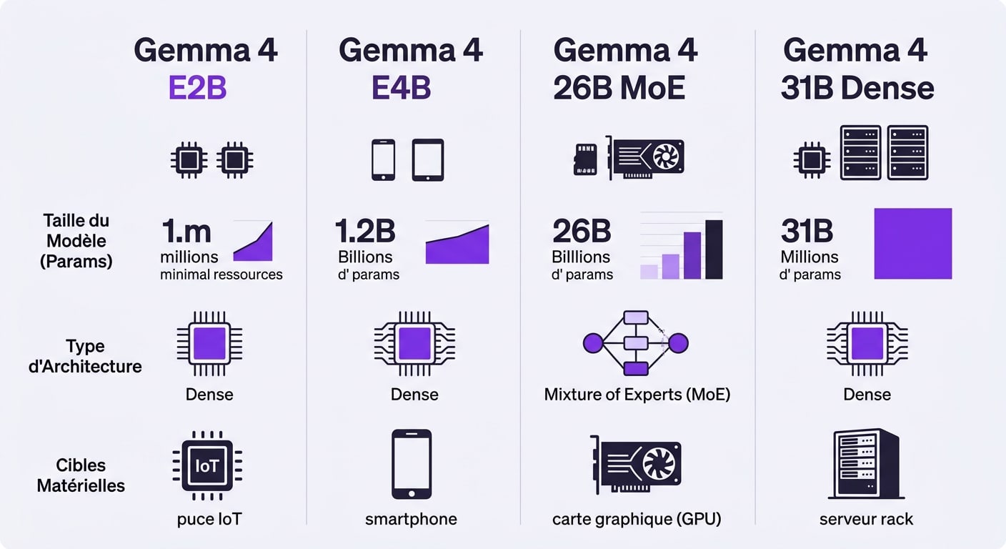 Comparatif technique des 4 modèles Google Gemma 4 : E2B, E4B, 26B MoE et 31B Dense.